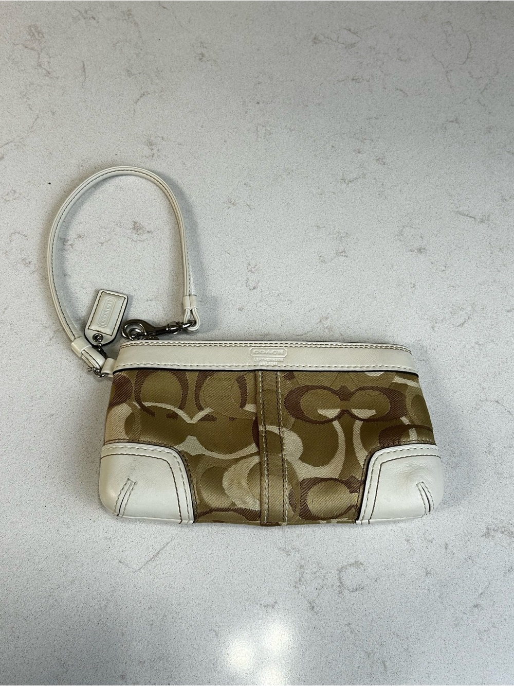Coach Khaki Signature Canvas Wristlet with Chalk Trim